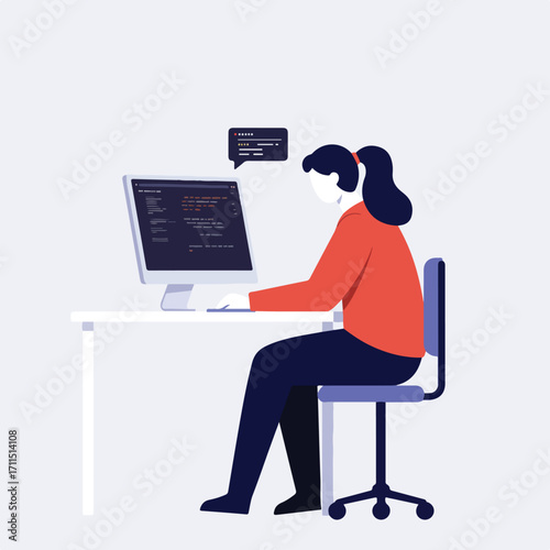 Woman sits at a desk with a computer screen, typing code and a speech bubble above it