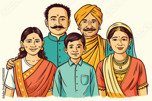 Colorful family portrait of five members in traditional attire showcasing cultural heritage