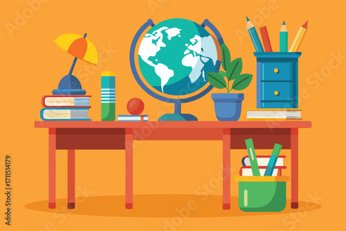 Colorful study desk with globe, books, and stationery items