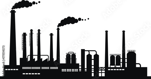 Industrial factory silhouette, smokestacks emitting smoke, refinery plant, manufacturing facility, petroleum processing, air pollution, energy production, fossil fuel industry,