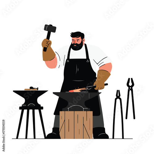 Bearded smith holds hammer, working red-hot metal on an anvil, wearing gloves & apron