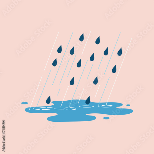 Stylized illustration of rainfall with blue raindrops and a puddle on a soft pink background