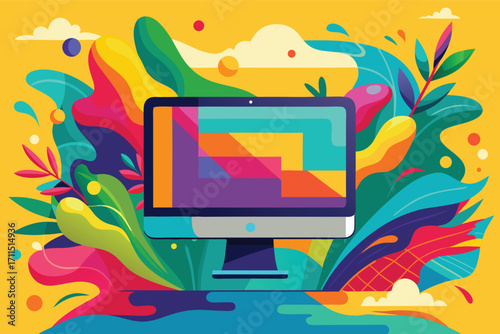 Colorful digital art of a computer surrounded by vibrant shapes and patterns in a lively environment