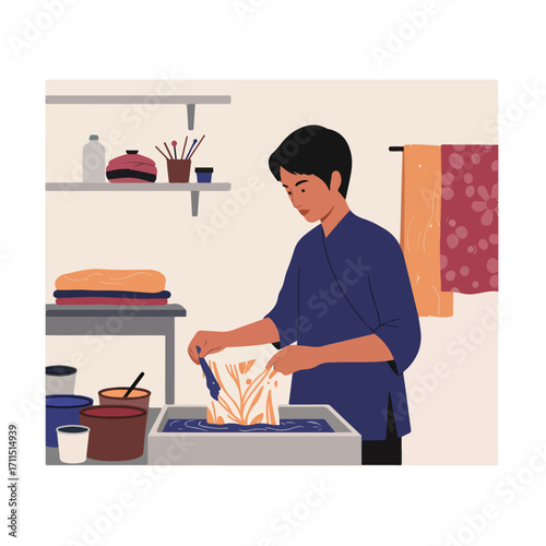 Person dyes fabric with dye in a basin in a simple room with clothing and towel racks