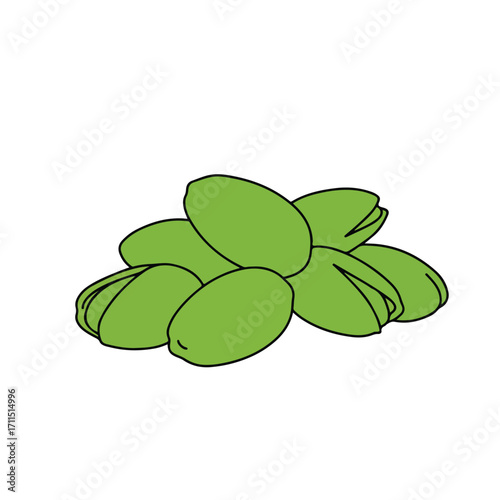 Simple illustration A pile of green pistachios with black outlines on a white backdrop