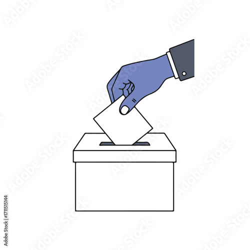 Digitized illustration depicting a hand placing a vote into a ballot box, clean artwork