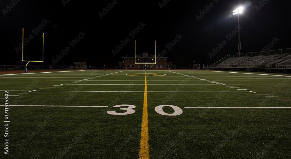 Fototapeta premium Night football field with stadium lights and goalposts