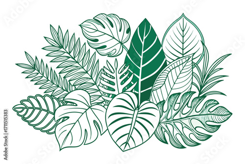Green leaves and tropical plants create a lush design with detailed outlines and varied shapes