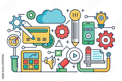 Creative digital workspace filled with colorful design elements and tools for innovation and brainstorming