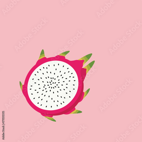 A halved dragon fruit, showing the white flesh speckled with black seeds, on pink background