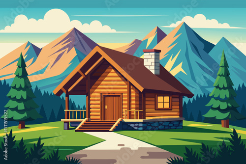 Scenic mountain cabin nestled among trees with vibrant peaks under a blue sky at sunset