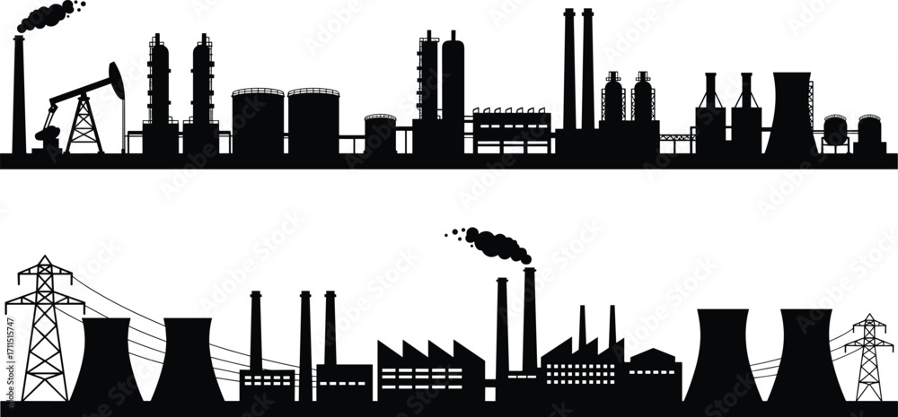 custom made wallpaper toronto digitalIndustrial complex silhouettes, oil refinery, petrochemical plant, power generation facility, smokestacks with smoke, energy production, heavy manufacturing, fossil fuel industry,