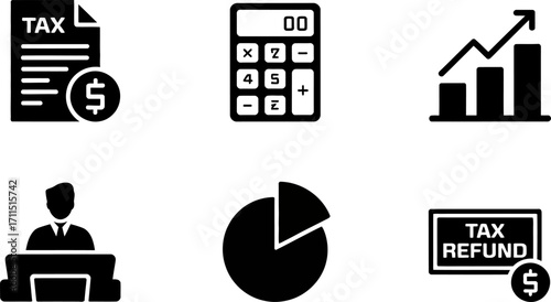Set of icons representing financial concepts like taxes, accounting, and refunds