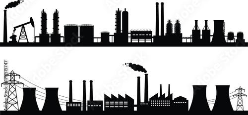Industrial complex silhouettes, oil refinery, petrochemical plant, power generation facility, smokestacks with smoke, energy production, heavy manufacturing, fossil fuel industry, 