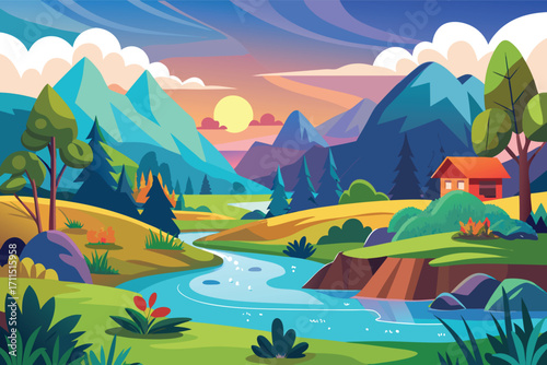 Beautiful sunset over a serene landscape with mountains, a river, and a cozy cabin
