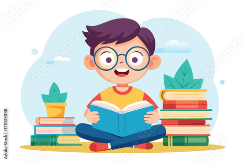 Happy boy enjoying a story while sitting among colorful books and plants in a bright space