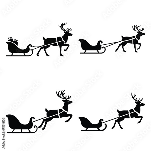 reindeer pulling sleigh icon set, black color and white background