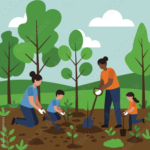 Vector artwork shows a family planting young trees in a green field with trees and light blue sky