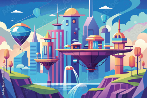 Futuristic cityscape with floating structures and hot air balloons in a vibrant animated style