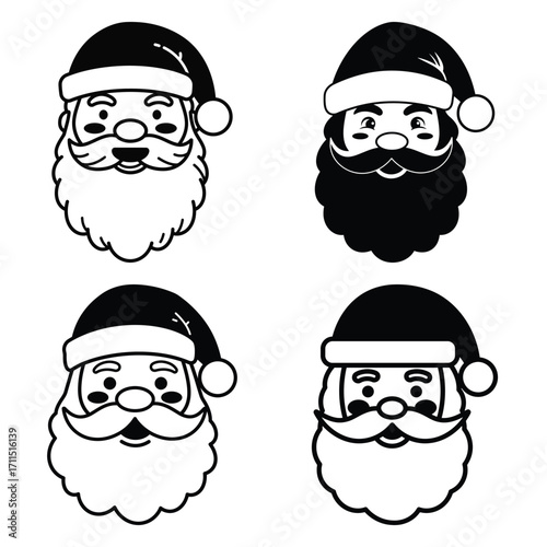 santa face vector icon set, black color and white background