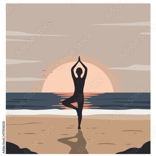 Yoga at sunset.
Description Silhouette of a person performing a yoga pose on a beach at sunset