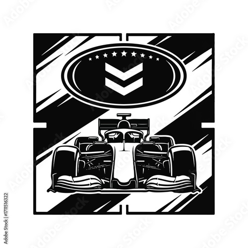 Black and white illustration of a Formula 1 race car.