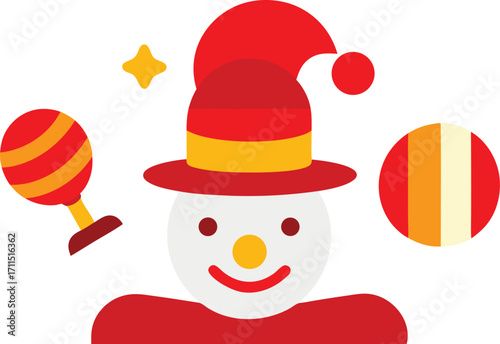 Vector illustration of clown face with hat balloon and maraca icons for entertainment