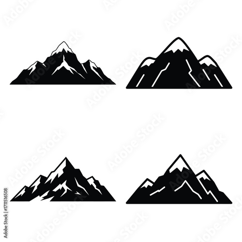 snow covered mountain icon set, black color and white background