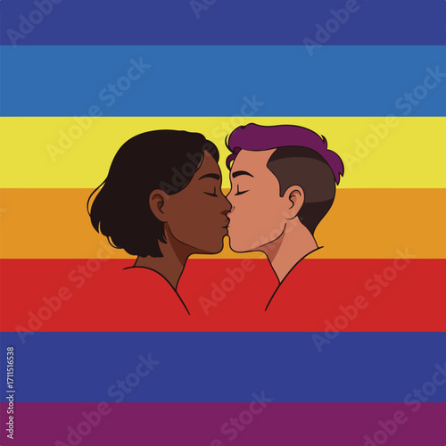 Kissing couple illustration with rainbow-colored backdrop shows stylized cartoon portrait