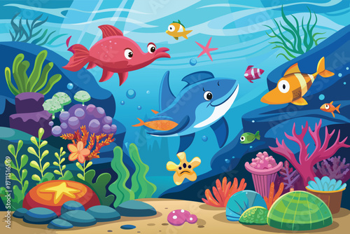 Colorful underwater scene with fish and coral in a vibrant ocean habitat