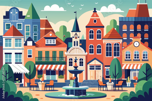 Charming town square with colorful buildings and a decorative fountain on a sunny day in a vibrant neighborhood