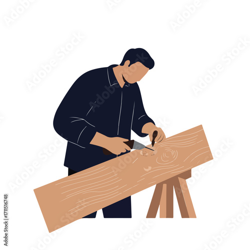 Person chiseling a wooden plank resting on a sawhorse, showing focus and craftsmanship