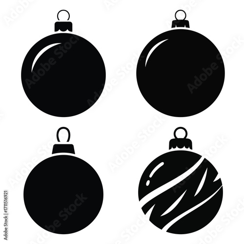 christmas ball ornament icon set, black color and white background