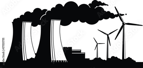 Energy production illustration, fossil fuel power plant, wind turbines, renewable energy, pollution contrast, clean technology, environmental impact, sustainable future, black vector design