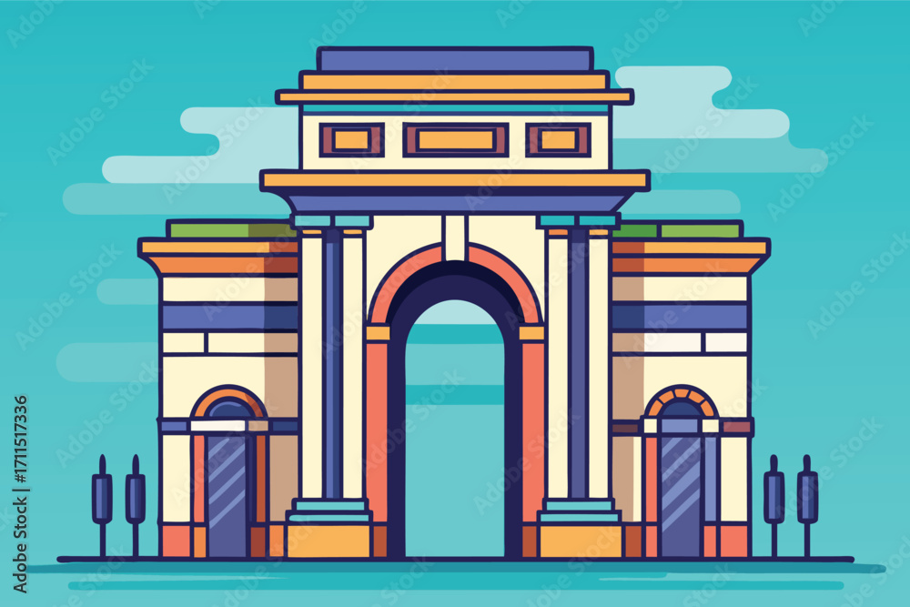 Fototapeta premium Iconic arch structure with vibrant colors and simple design in a bright blue background setting
