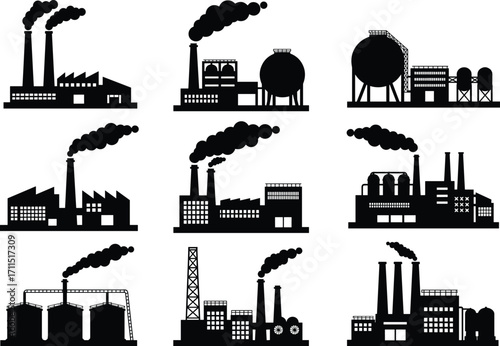 Industrial factory silhouettes, smokestacks with smoke, refinery plant, manufacturing facility, petroleum processing, air pollution, energy production, fossil fuel industry, black vector illustration