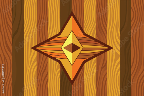 Decorative wooden design featuring a diamond pattern in warm hues on a rustic wooden background