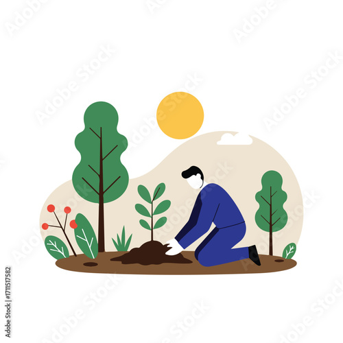 An individual plants a sapling outdoors surrounded by trees and plants under a bright sun