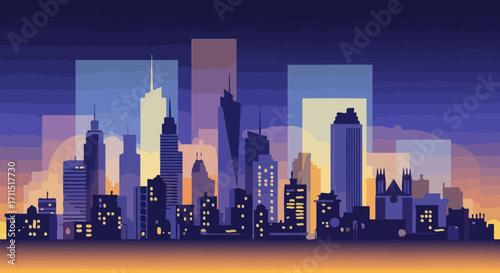 Vector illustration of a vibrant city skyline at dusk, showcasing modern architecture and urban landscapes for digital backgrounds and design elements