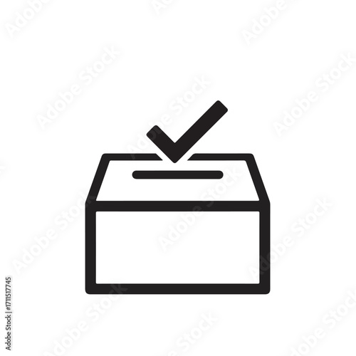 Black outline drawing of a vote box with a checkmark, isolated on a white background