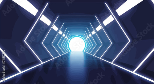 Futuristic Corridor with Neon Lights and Reflective Floor, Perfect for Sci-Fi Backgrounds and Technology Presentations, aligned with Adobe Stock's creative standards