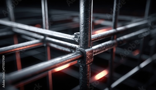 Close-up metal scaffolding grid, intricate joints