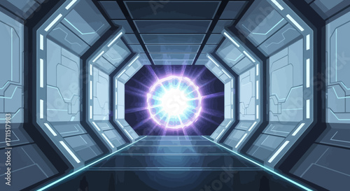 Futuristic Space Station Corridor with Energy Portal for Sci-Fi Game Design and Technology Visualizations, Demonstrating Advanced Technology