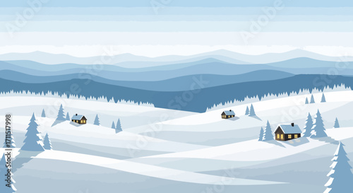 Tranquil winter landscape illustration featuring snow-covered hills, cozy cabins, and serene blue mountains for seasonal greetings and holiday promotional materials