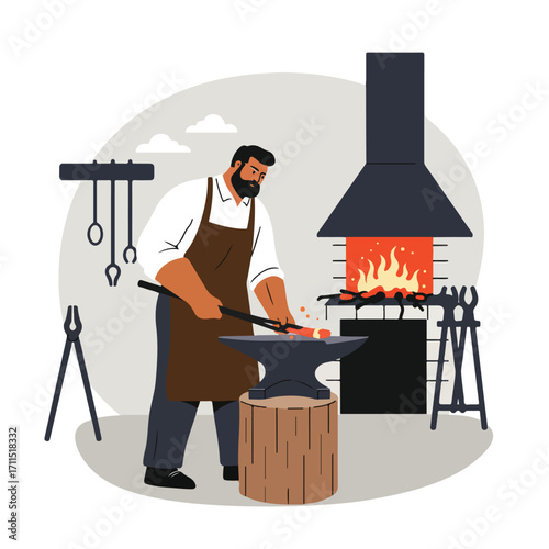 A blacksmith works with metal, heating it in the forge, using tongs to shape the material