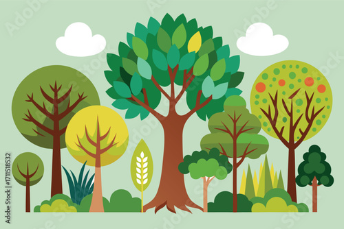 Colorful trees and plants create a vibrant forest scene on a sunny day