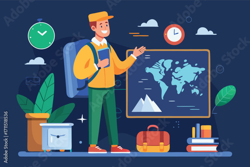 Young traveler engaging with a world map in a cozy study space during the daytime