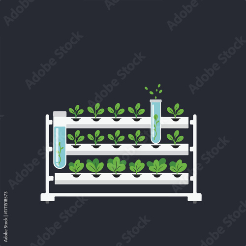 Indoor hydroponic farm with green leafy plants in pots and growth tubes on gray backdrop