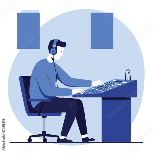 Graphic illustration of a man wearing headphones using a sound mixing console in blue tones