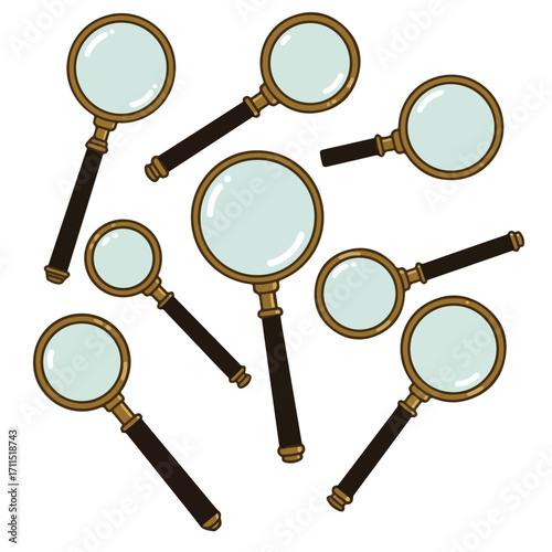Multiple cartoon magnifying glasses with brown handles and bronze rims on white